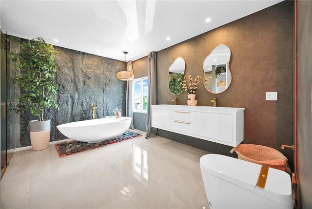 bathroom with a bathing tub and tile walls