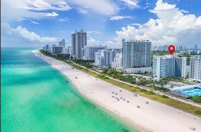 bird's eye view with a view of the beach and a water view