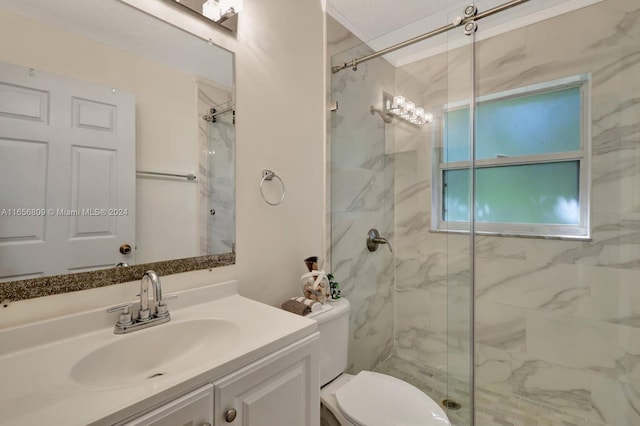 bathroom featuring walk in shower, toilet, and vanity