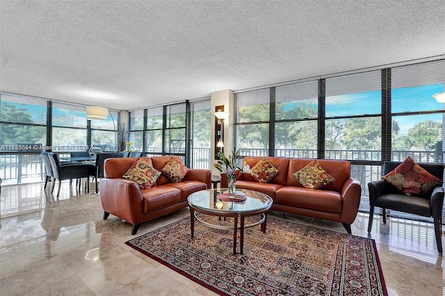 living room with a textured ceiling, a healthy amount of sunlight, and a wall of windows