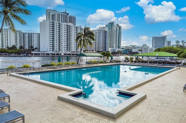 view of swimming pool with a water view