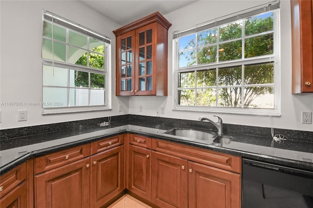 kitchen with dark stone countertops, black dishwasher, sink, and a wealth of natural light