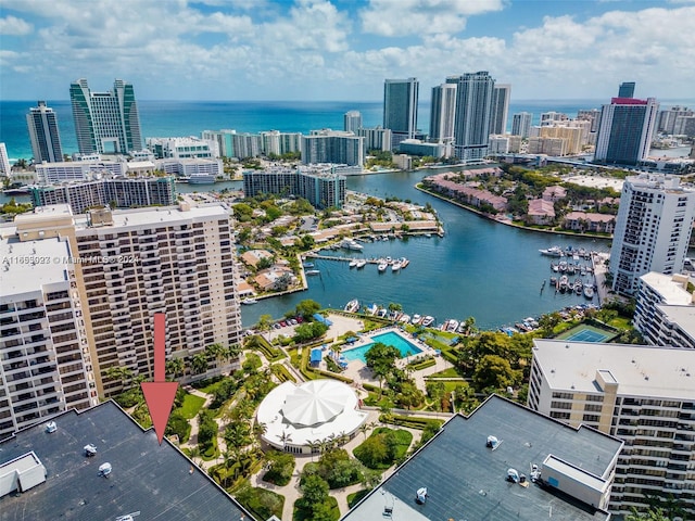 aerial view featuring a water view