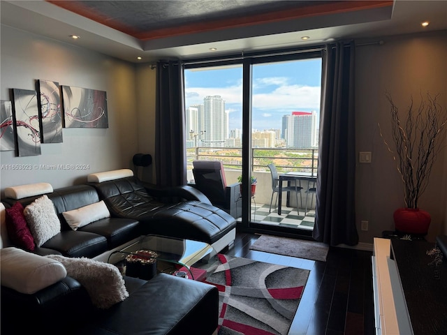 living room with wood-type flooring and a tray ceiling