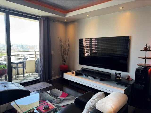 living room featuring dark wood-type flooring