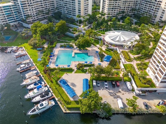 bird's eye view with a water view