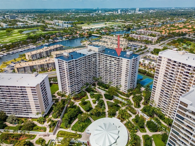 drone / aerial view with a water view