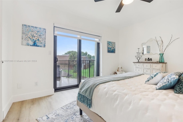 bedroom featuring ceiling fan, access to outside, and light wood-type flooring