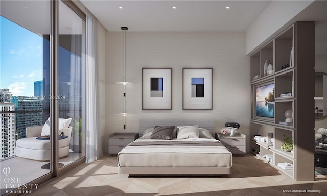 bedroom featuring floor to ceiling windows and light parquet floors