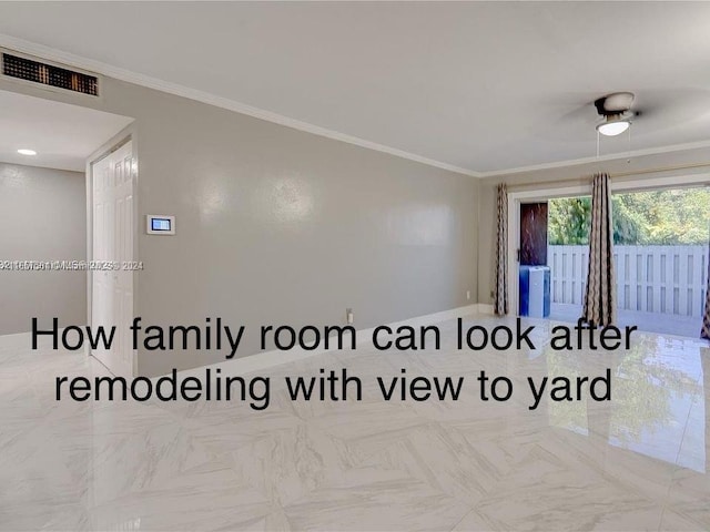 empty room featuring crown molding and ceiling fan