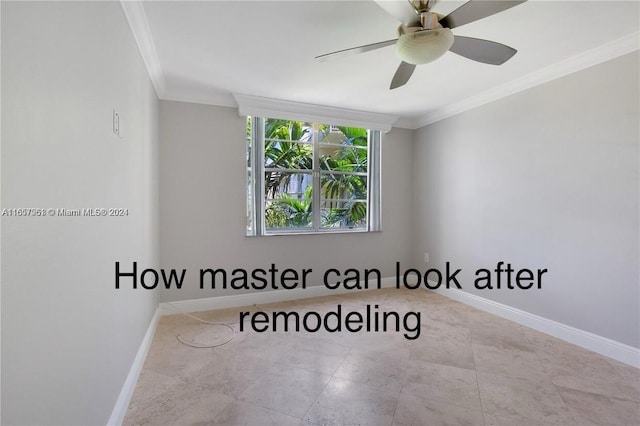 empty room with ornamental molding, baseboards, and a ceiling fan