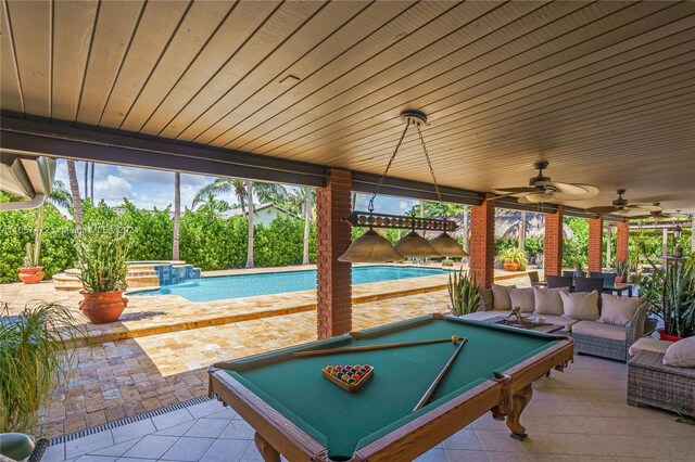 recreation room featuring pool table, ceiling fan, wooden ceiling, and tile patterned flooring