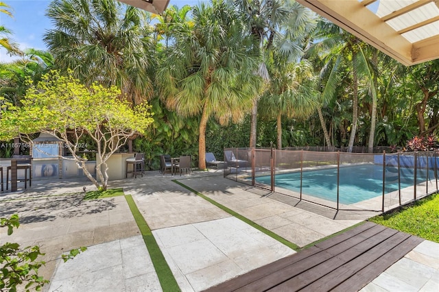 view of swimming pool with an outdoor kitchen and a patio area