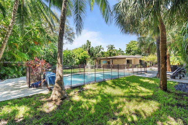 view of swimming pool featuring a patio area and a lawn