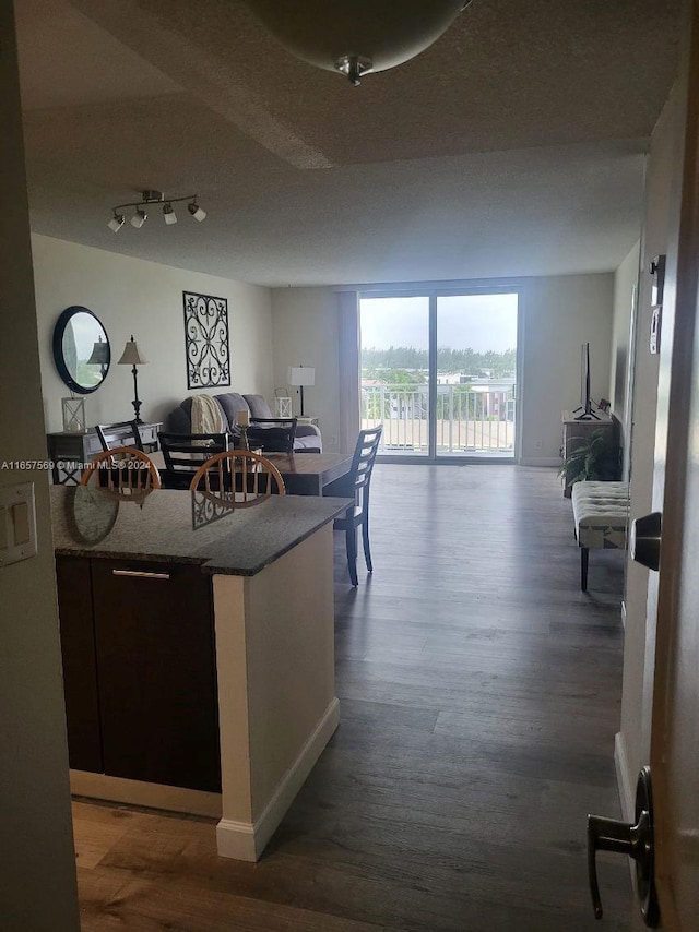 kitchen featuring hardwood / wood-style flooring and rail lighting