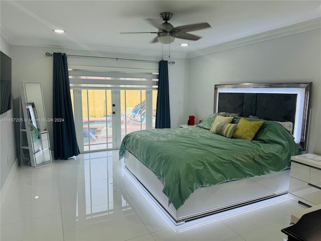 tiled bedroom with ceiling fan, access to exterior, french doors, and crown molding