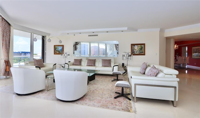 living room featuring a notable chandelier and ornamental molding