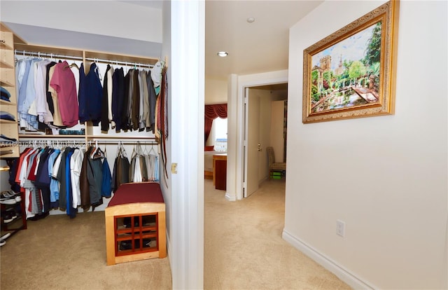 walk in closet with light carpet