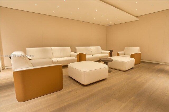 home theater featuring light hardwood / wood-style flooring