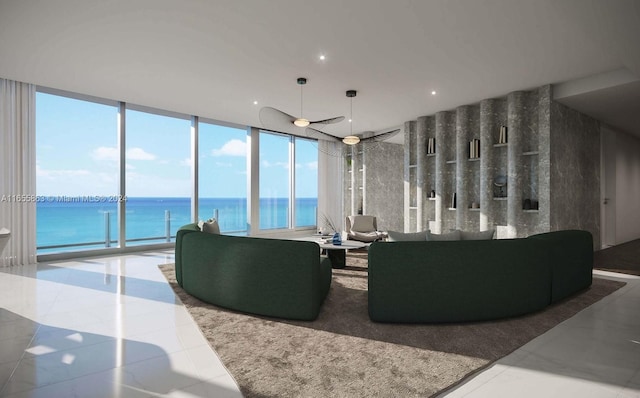 living room with floor to ceiling windows, ceiling fan, tile patterned floors, and a water view