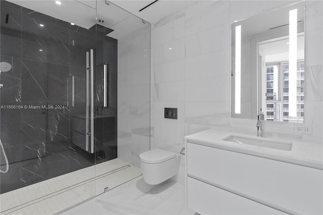 300 Biscayne Blvd Way Unit 2503, Miami, FL 33131 - bathroom featuring vanity, tile walls, toilet, and a marble finish shower