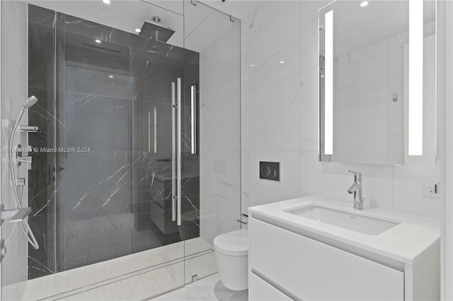 300 Biscayne Blvd Way Unit 2503, Miami, FL 33131 - bathroom featuring toilet, vanity, a marble finish shower, tile walls, and recessed lighting