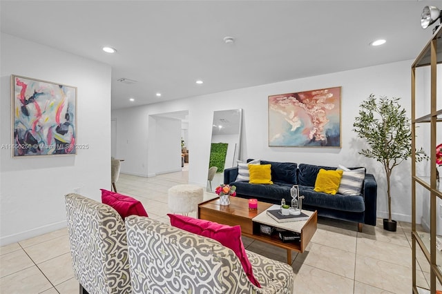 living room featuring light tile patterned floors