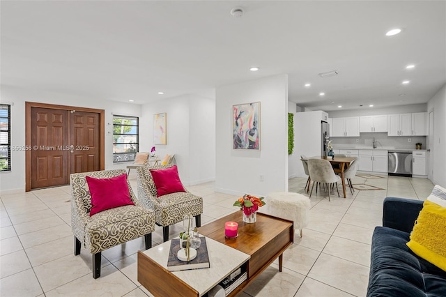 tiled living room with sink