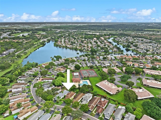 drone / aerial view featuring a water view