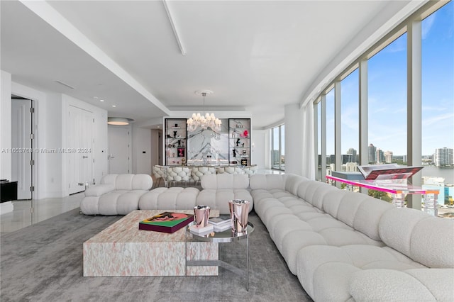 living room featuring an inviting chandelier