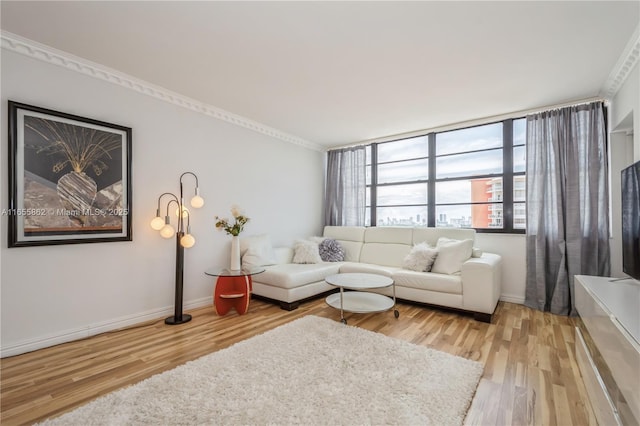 living room with hardwood / wood-style floors and crown molding