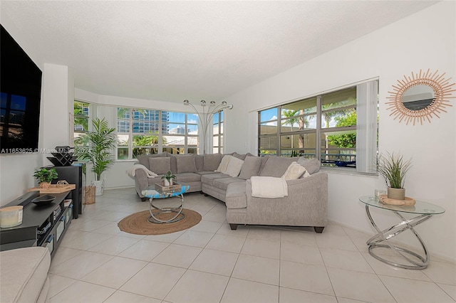 tiled living room with a textured ceiling