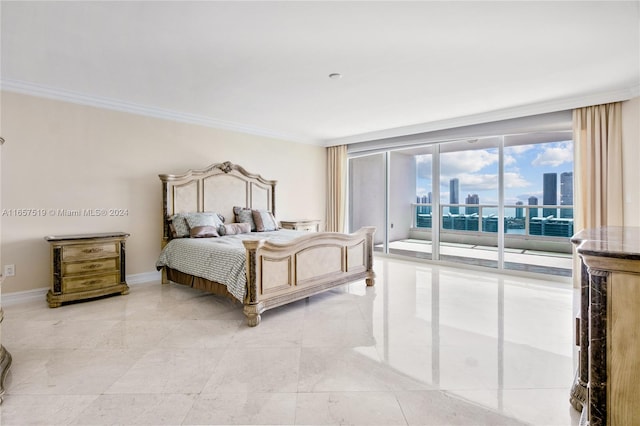 bedroom featuring access to outside and crown molding