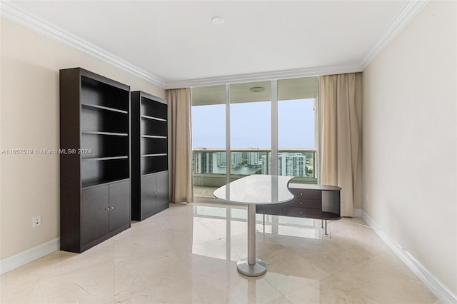 office space with a wall of windows and crown molding