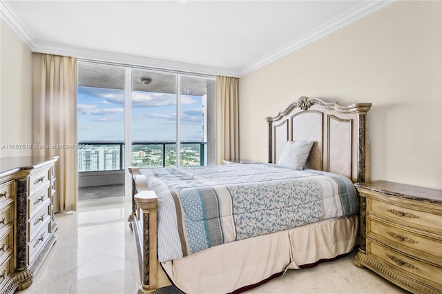 tiled bedroom featuring crown molding