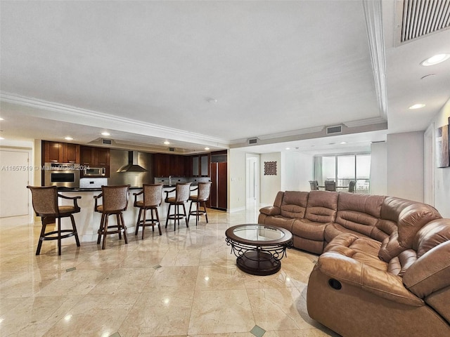 living room with crown molding