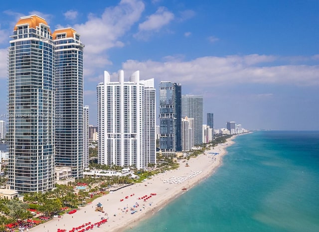 birds eye view of property with a water view and a beach view