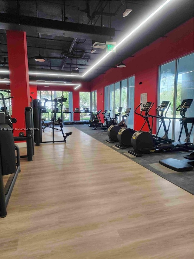 workout area featuring wood-type flooring