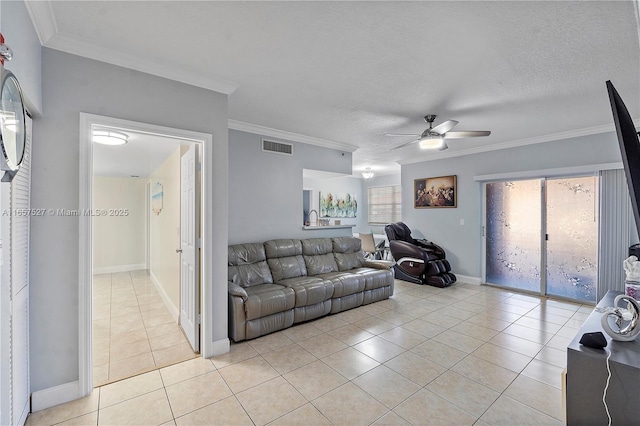 131 SW 117th Ave Unit 8103, Pembroke Pines, FL 33025 - living area featuring ceiling fan, light tile patterned floors, crown molding, and a textured ceiling