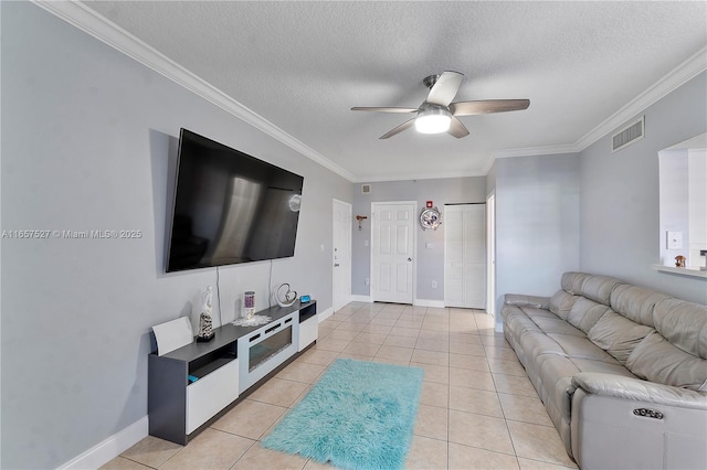 131 SW 117th Ave Unit 8103, Pembroke Pines, FL 33025 - living room featuring ceiling fan, crown molding, a textured ceiling, and light tile patterned floors