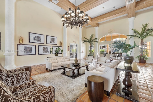 131 SW 117th Ave Unit 8103, Pembroke Pines, FL 33025 - living area with a high ceiling, beamed ceiling, a chandelier, tile patterned flooring, and coffered ceiling