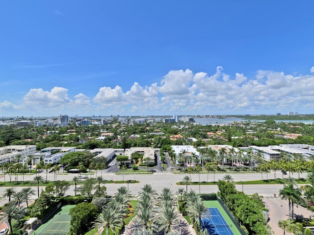 bird's eye view with a water view