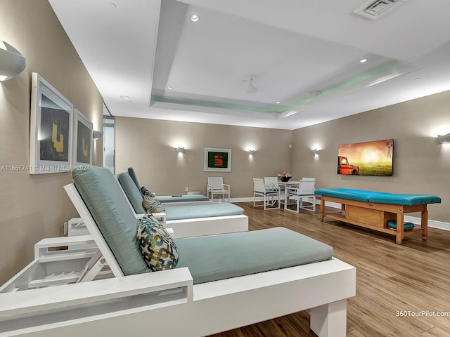 interior space featuring a raised ceiling and hardwood / wood-style flooring