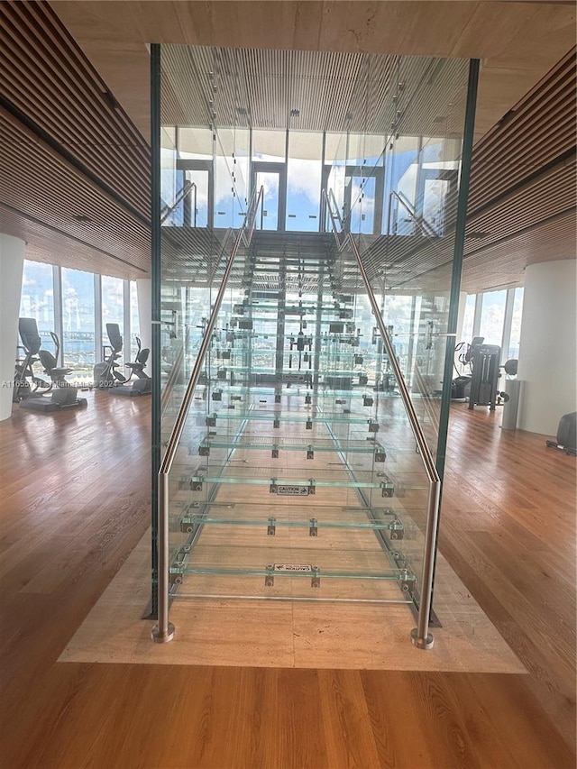 staircase with a wealth of natural light and hardwood / wood-style flooring