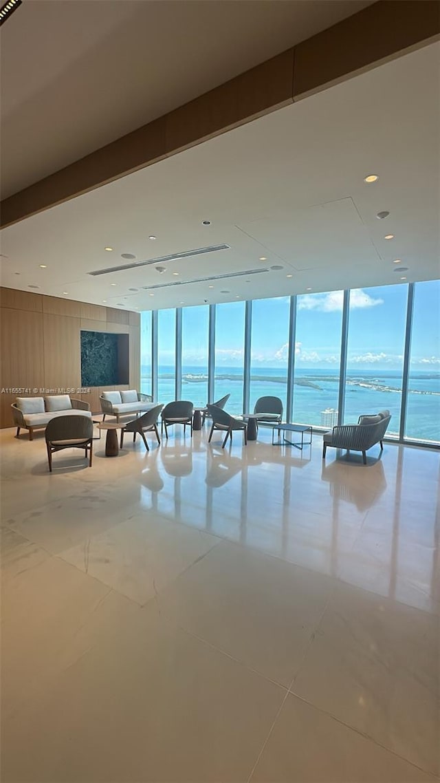 interior space featuring a water view