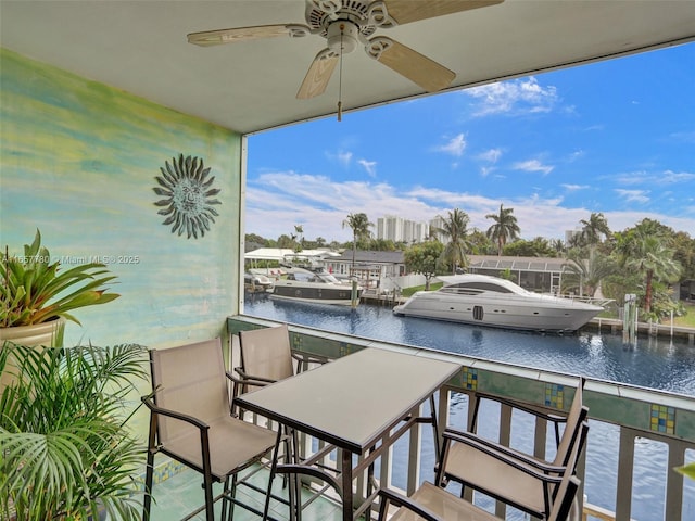 balcony featuring ceiling fan and a water view