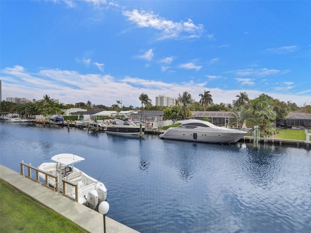 view of water feature with a dock