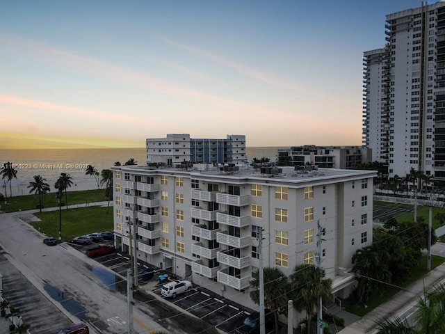 exterior space with a water view