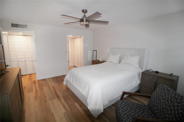 bedroom featuring light wood-type flooring, a closet, and ceiling fan