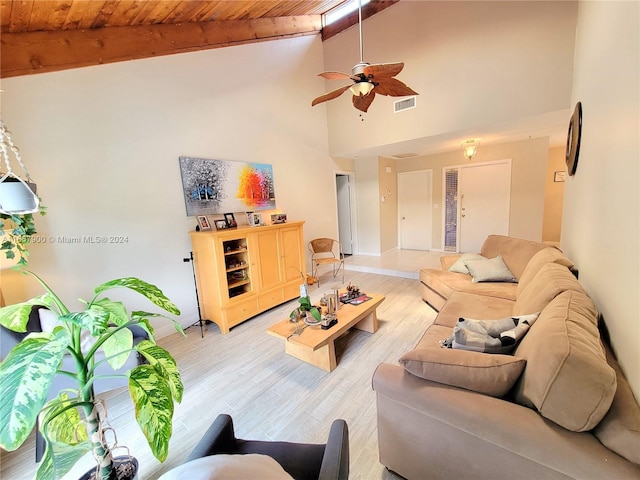 living area with beamed ceiling, visible vents, light wood-style flooring, baseboards, and wood ceiling